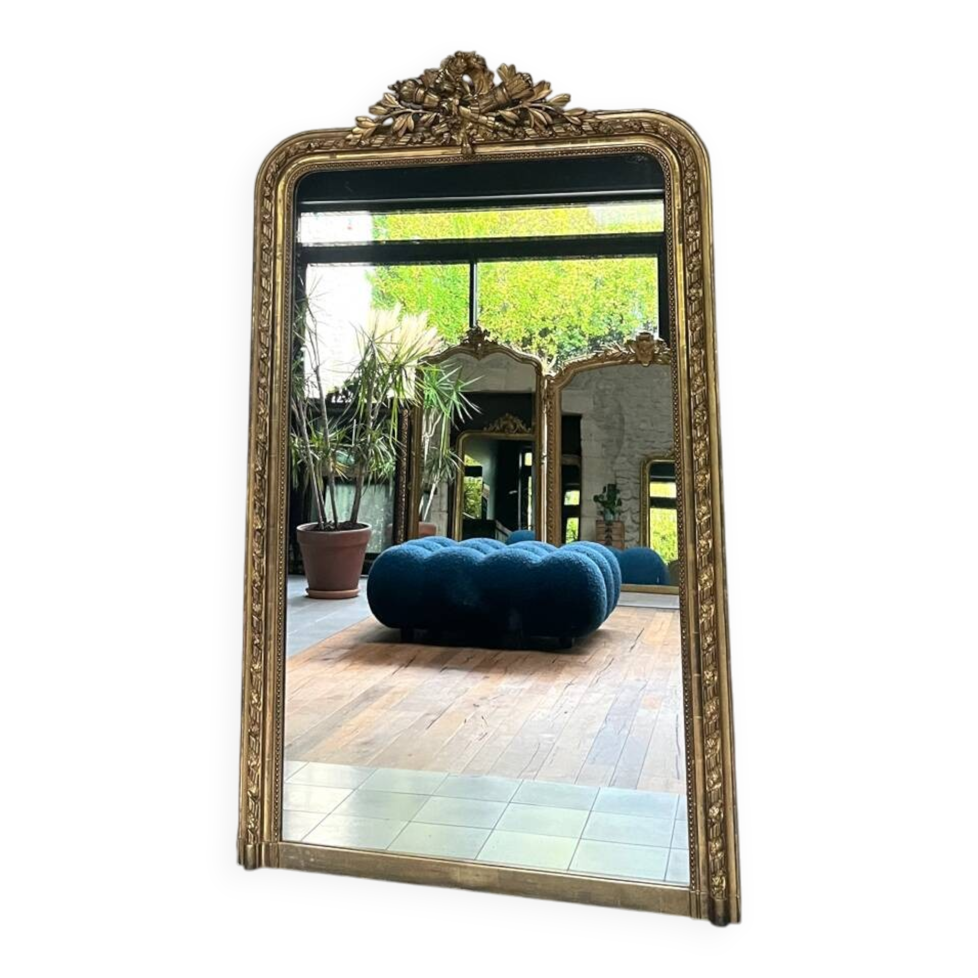 Antique Louis-Philippe fireplace mirror with pediment and beading, 174.5cm
