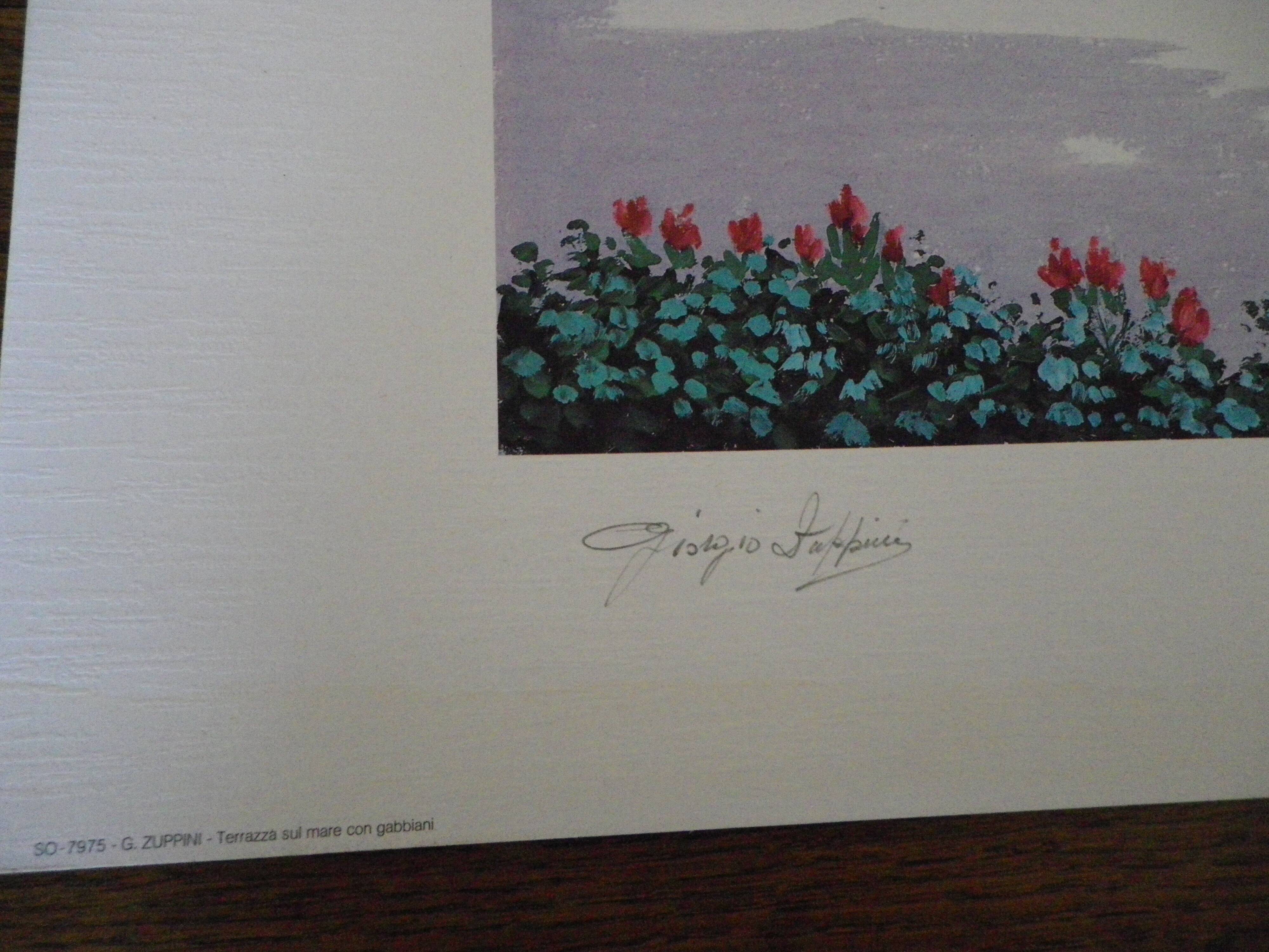 Giorgio Zuppini, Terrace by the Sea with Seagulls, Lithograph, 1970