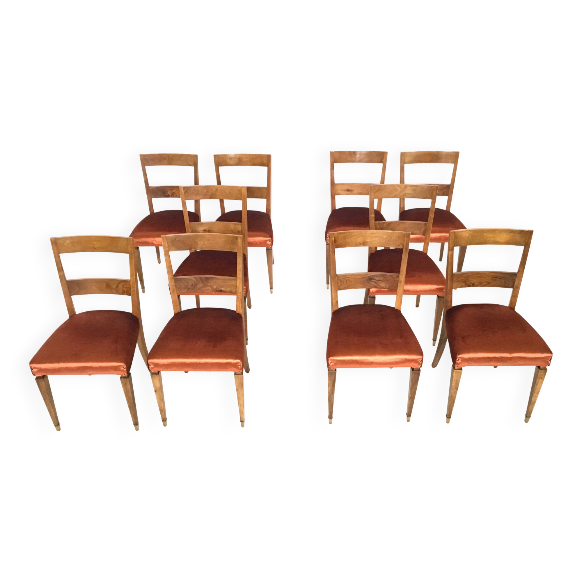 Set of Ten Orange Fabric Upholstery and Walnut Dining Chairs, Italy