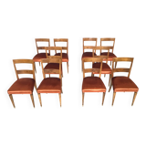 Set of Ten Orange Fabric Upholstery and Walnut Dining Chairs, Italy