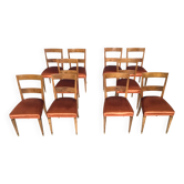 Set of Ten Orange Fabric Upholstery and Walnut Dining Chairs, Italy