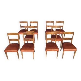 Lot de dix chaises de salle à manger en tissu orange et noyer, Italie
