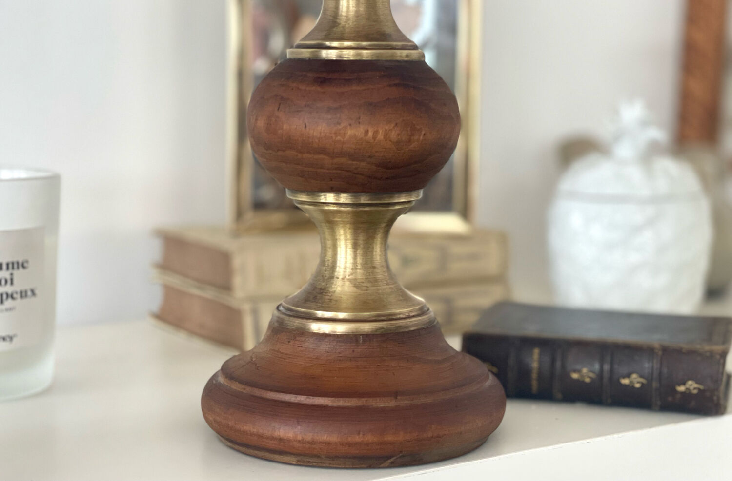 Wood and brass candle holder 1970