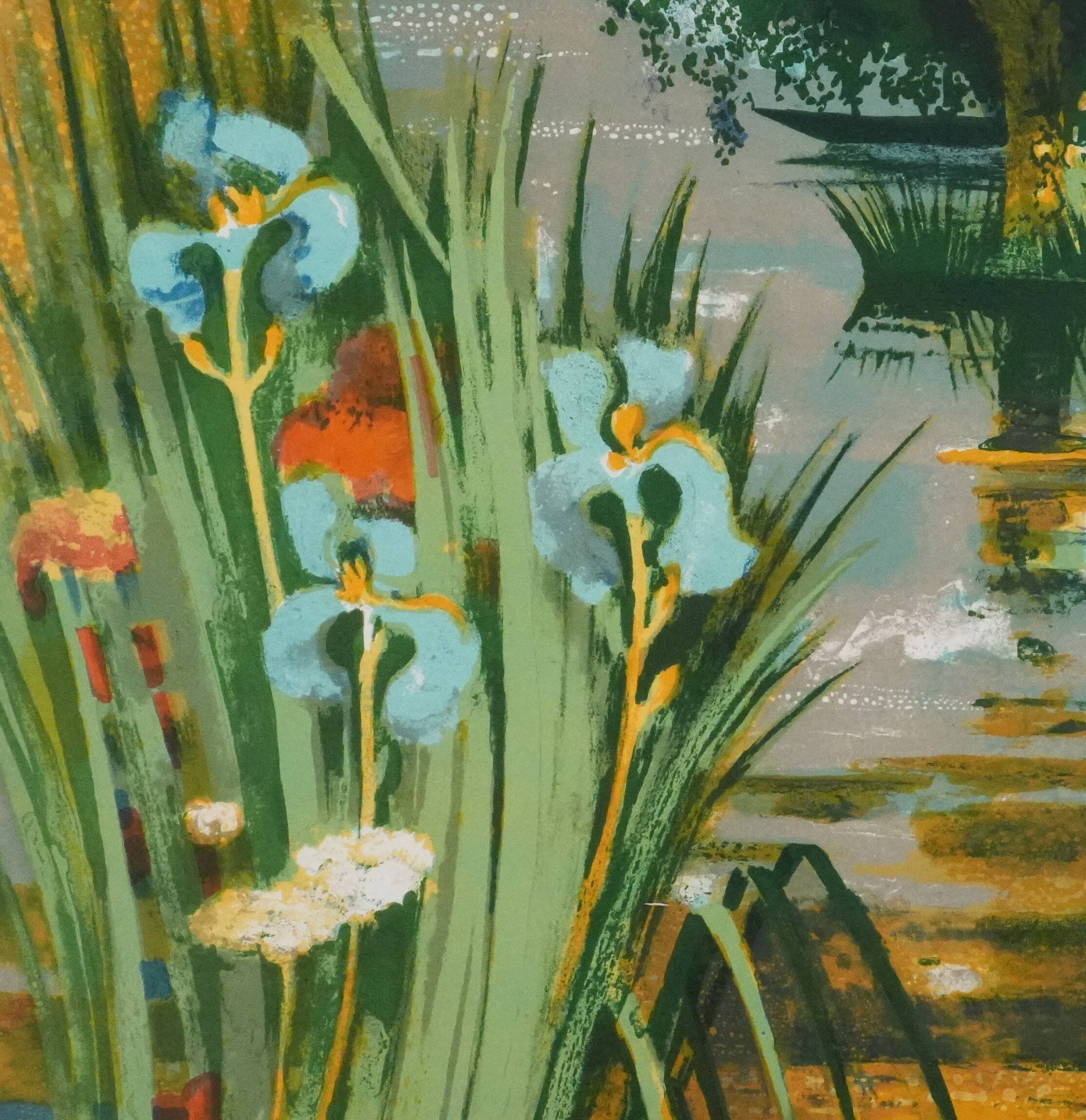 Paul collomb : les iris bleues, lithographie originale signée