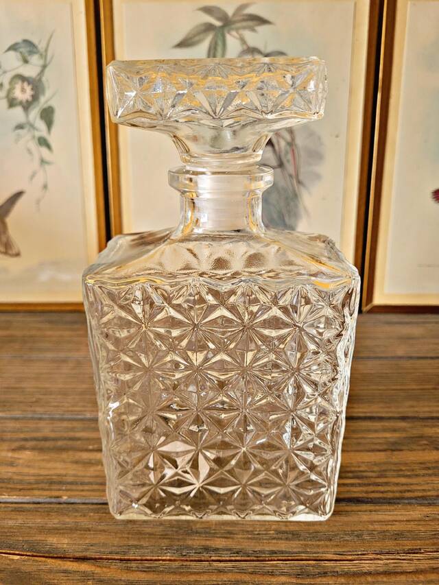 Rectangular whisky carafe made in France with geometric patterns.