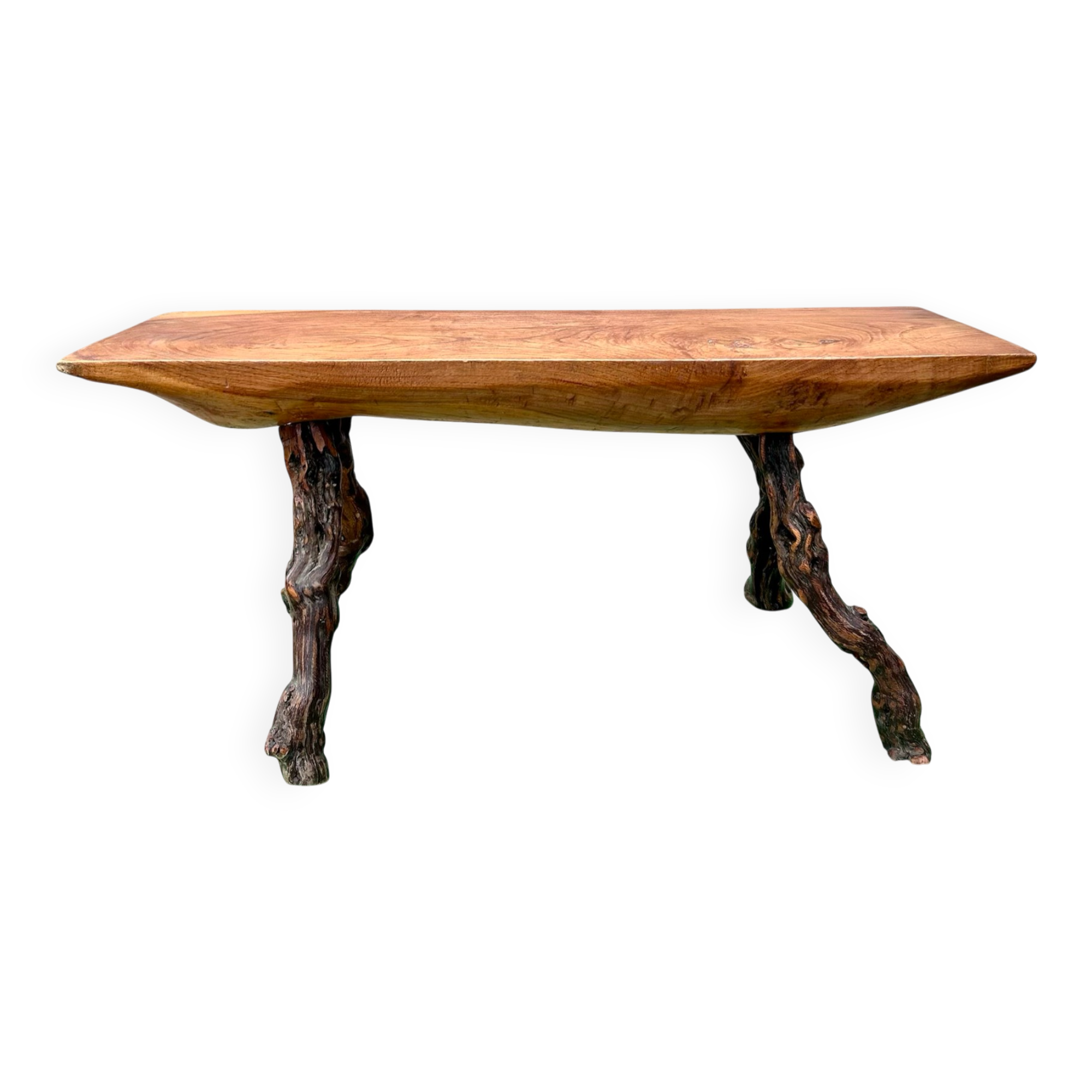 Brutalist bench made of vine and olive wood.