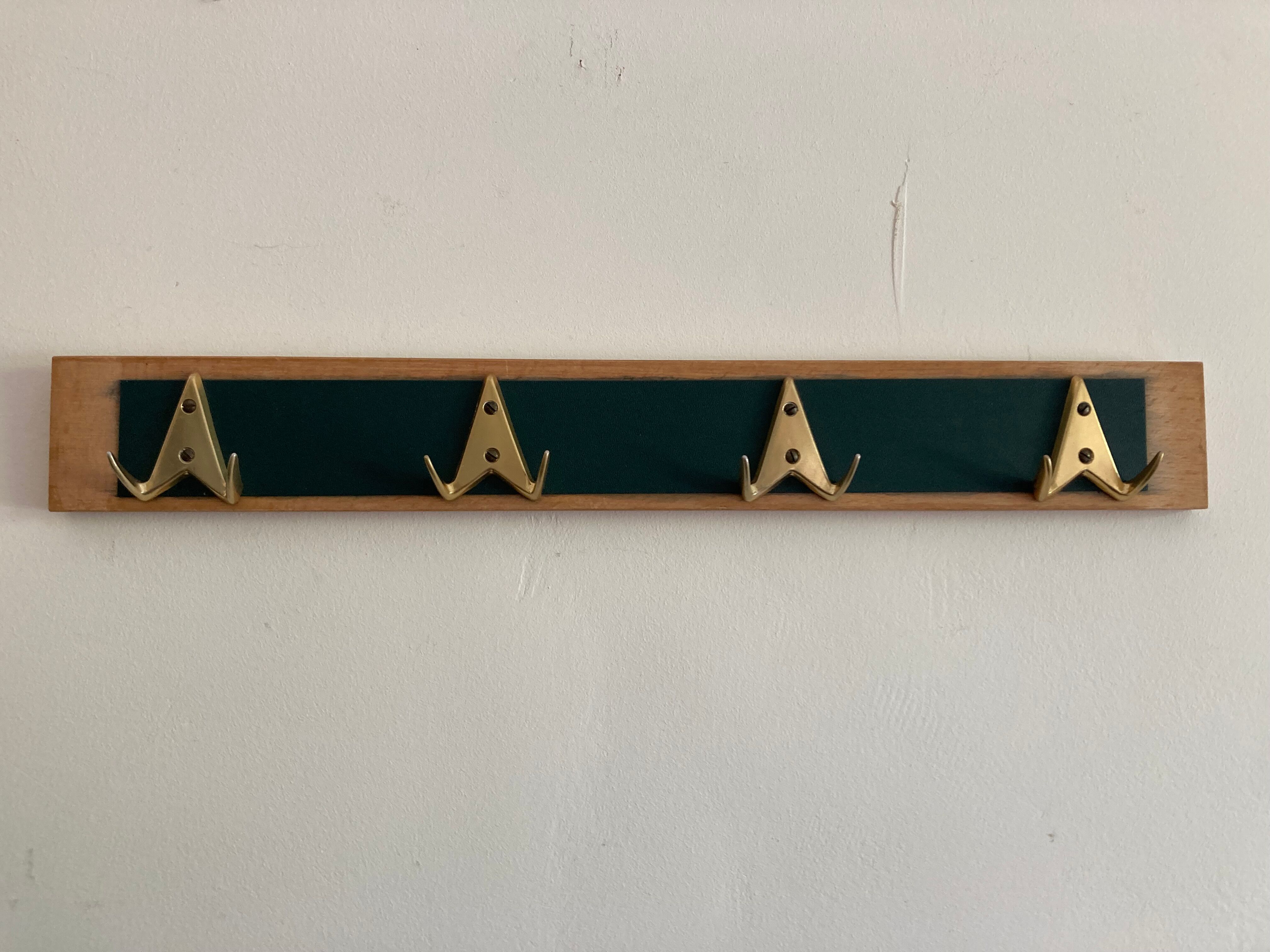 70s wall coat rack with brass hooks