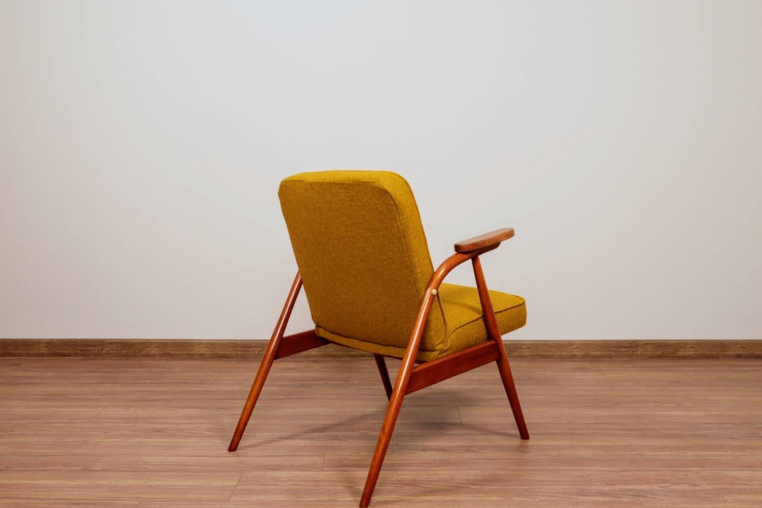 Set of MID Century Armchairs Ocher Yellow Wool, Turned Legs, 1960s