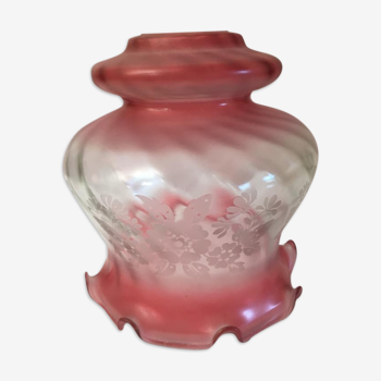 Glass tulip for suspension or table lamp in old pink color and engraved patterns