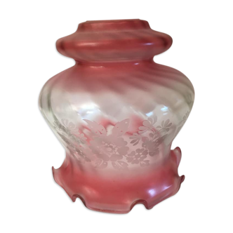 Tulipe en verre pour suspension ou lampe à poser couleur vieux rose et motifs gravés
