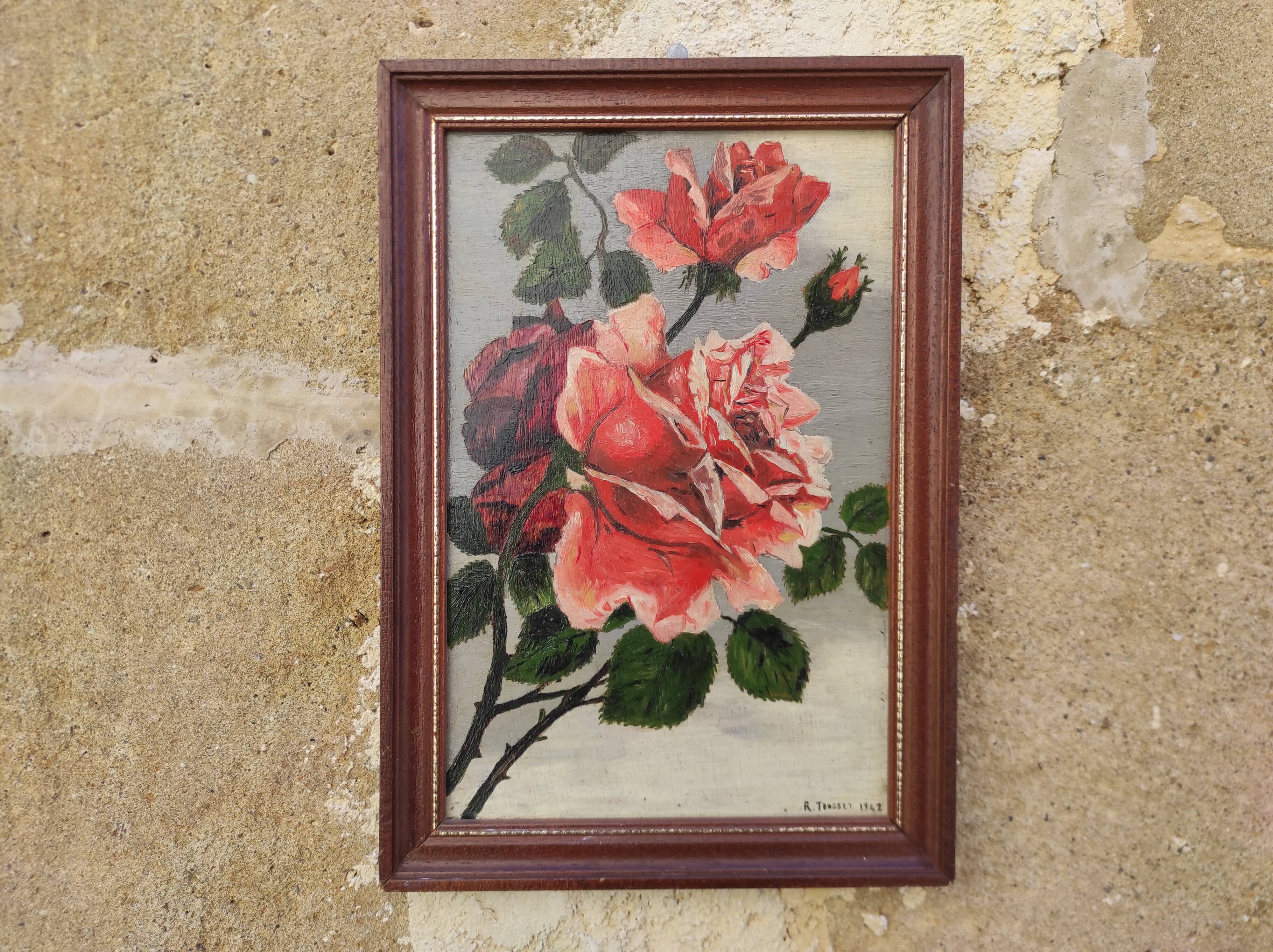 Vintage oil painting of flowers, two roses,  signed Trosset, 1942
