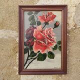 Vintage oil painting of flowers, two roses,  signed Trosset, 1942
