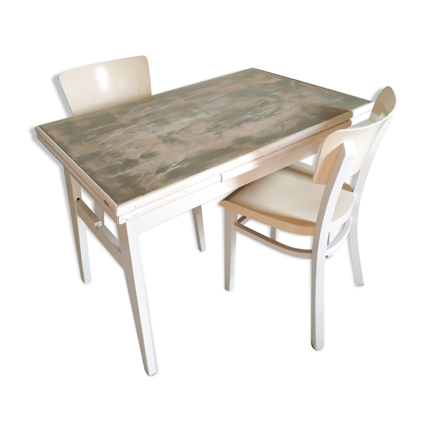 Set old wooden table with extension cords and 2 Thonet chairs