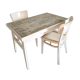 Set old wooden table with extension cords and 2 Thonet chairs