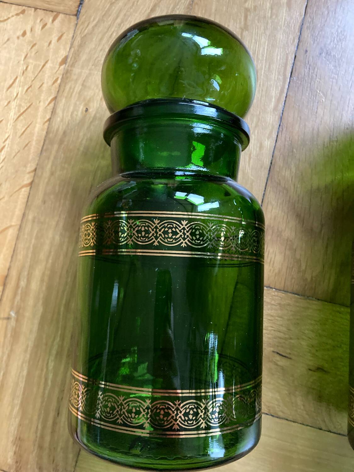 Vintage golden green apothecary jars