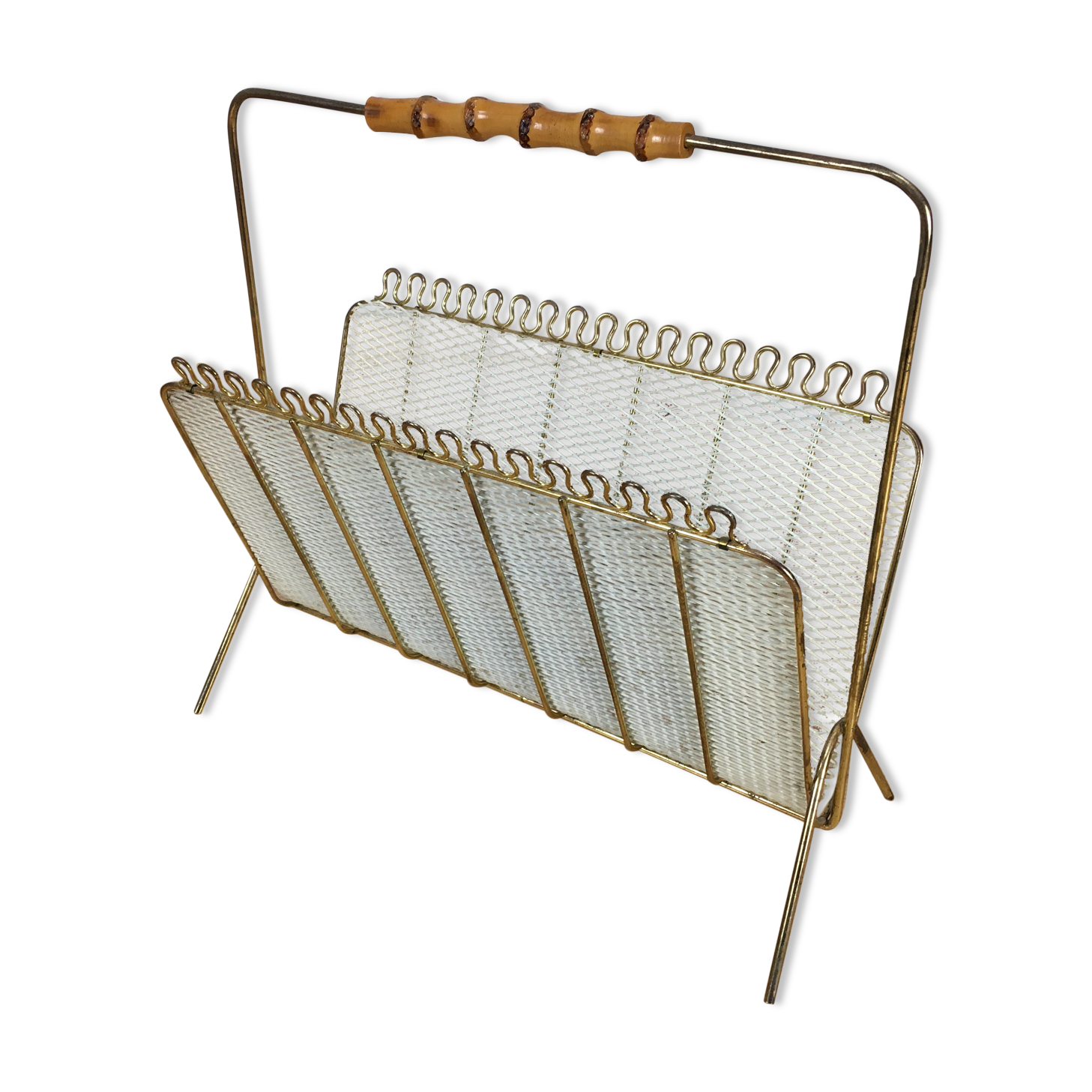 Magazine rack perforated sheet metal and bamboo, 50s