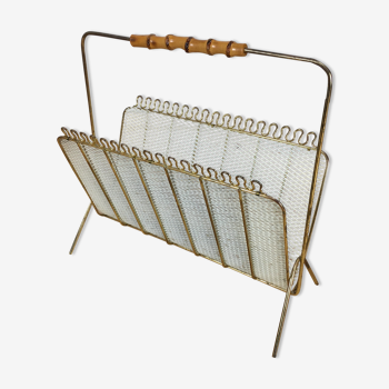 Magazine rack perforated sheet metal and bamboo, 50s
