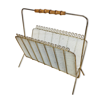 Magazine rack perforated sheet metal and bamboo, 50s