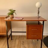 lacquered wood desk and black steel legs design from the 60s and 70s