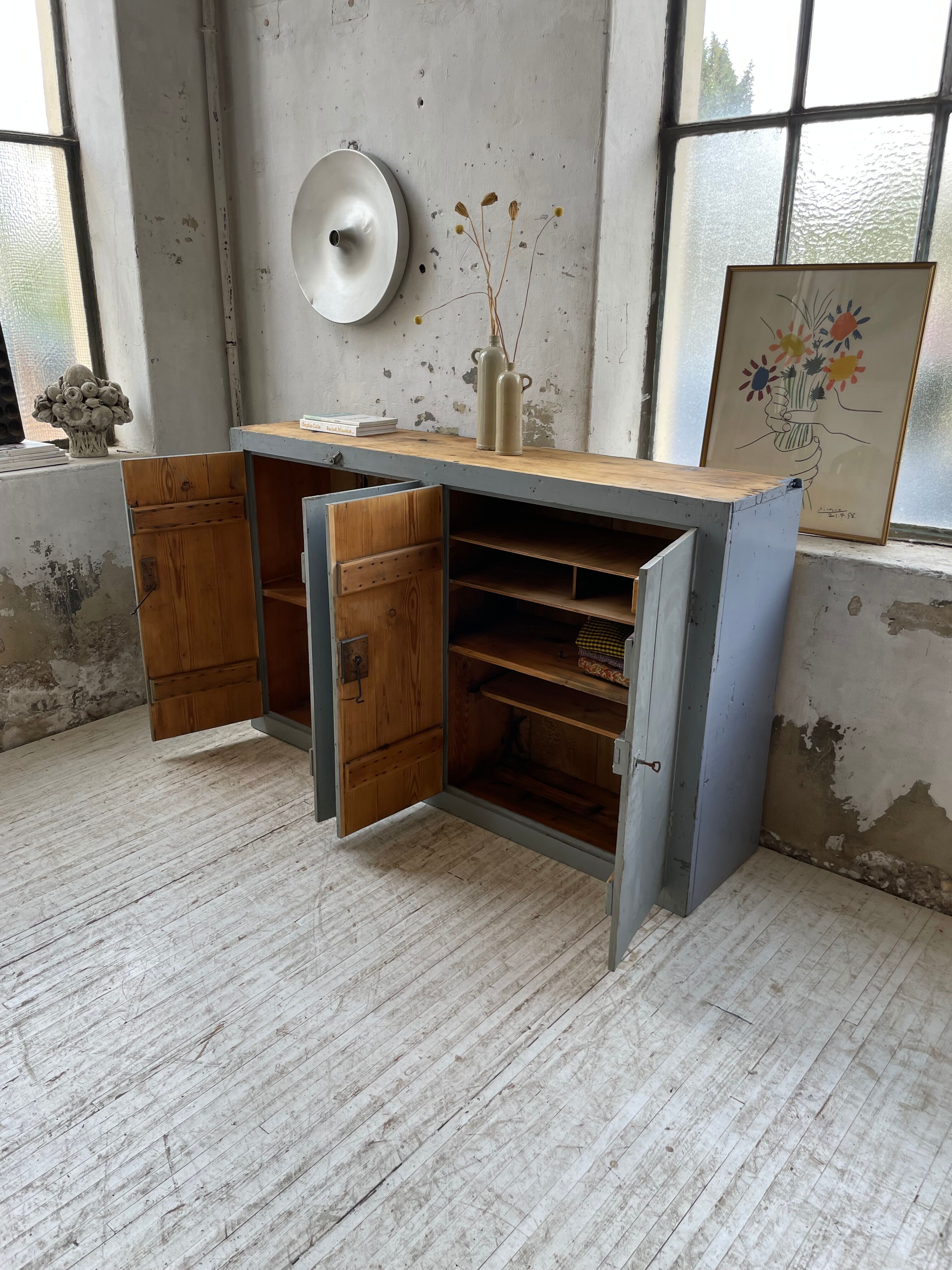 Factory blue patinated workshop furniture