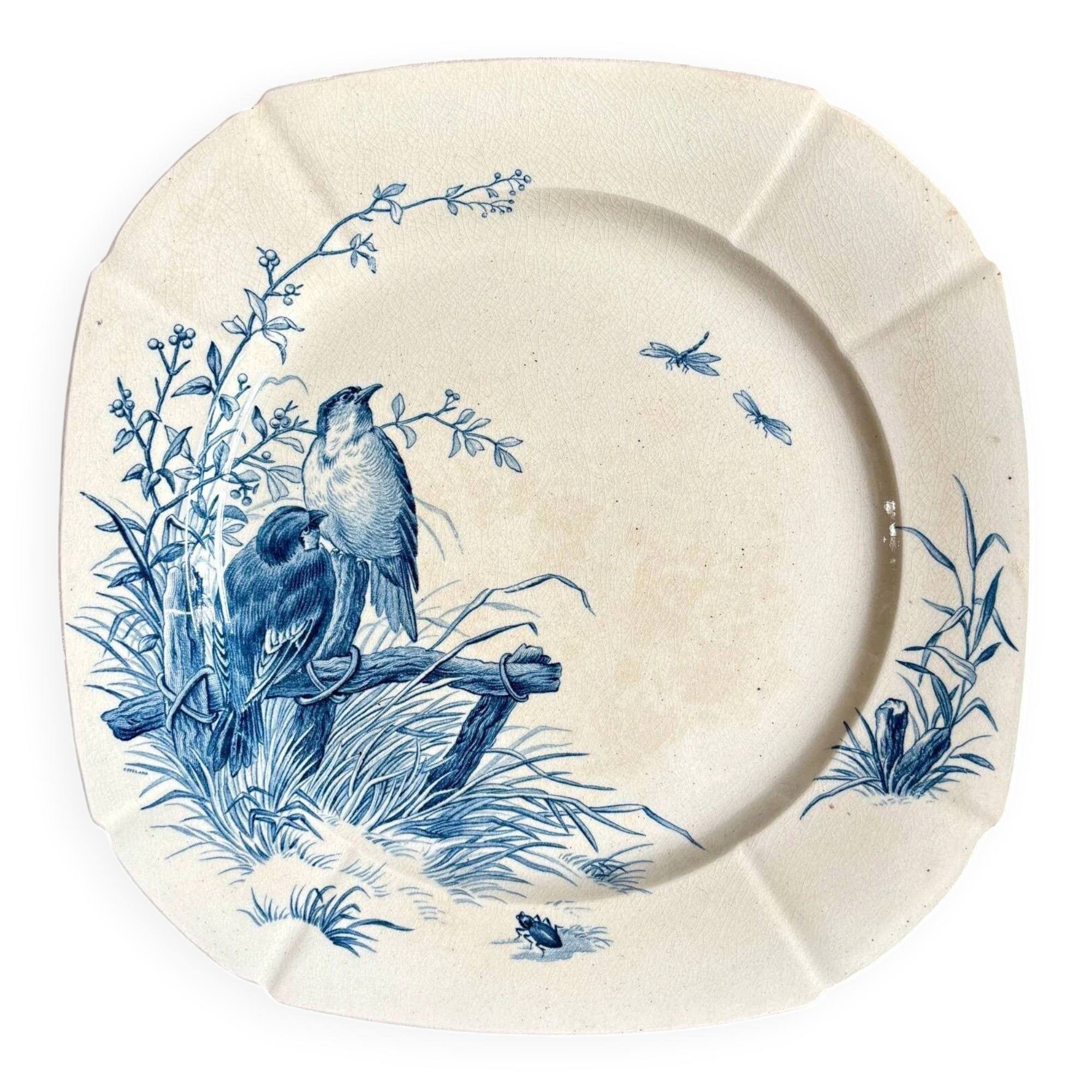 Blue ironstone plate from Gien, "Birds" service, circa 1870, no. 3.