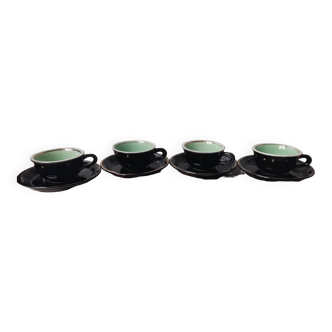 Set of 4 vintage bar cups and saucers black green and gold ets leveille mabit paris