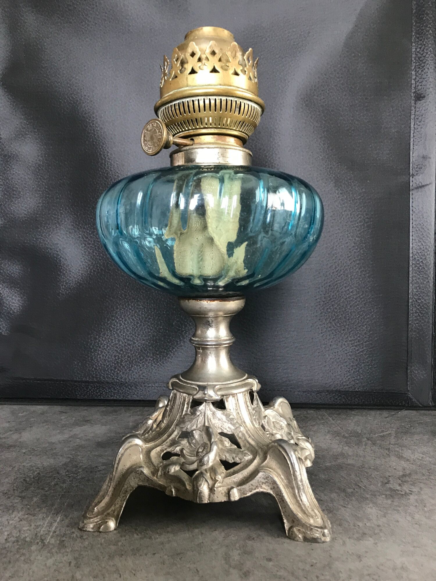 Regulated kerosene lamp foot baroque style blue glass bowl
