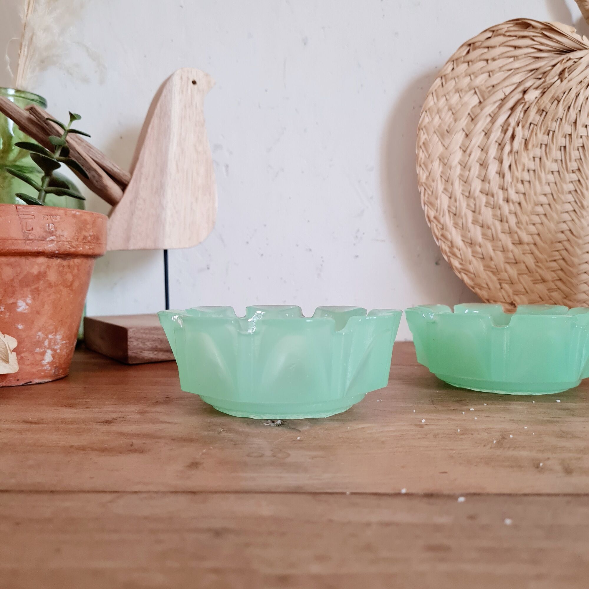 Duo of two candle holders cups in green opaline of water