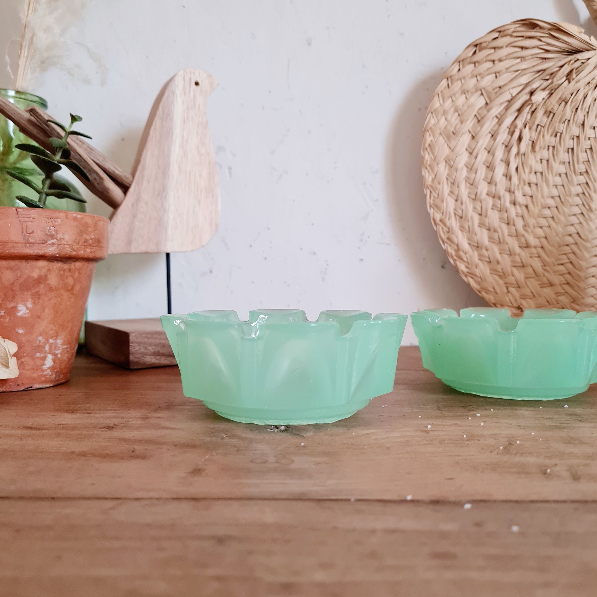 Duo of two candle holders cups in green opaline of water
