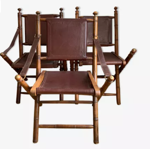 Set of three folding officer chairs wood and leather