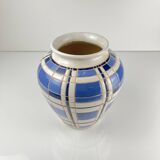 Vintage vase from the 50s, glazed earthenware, blue and white geometric decoration