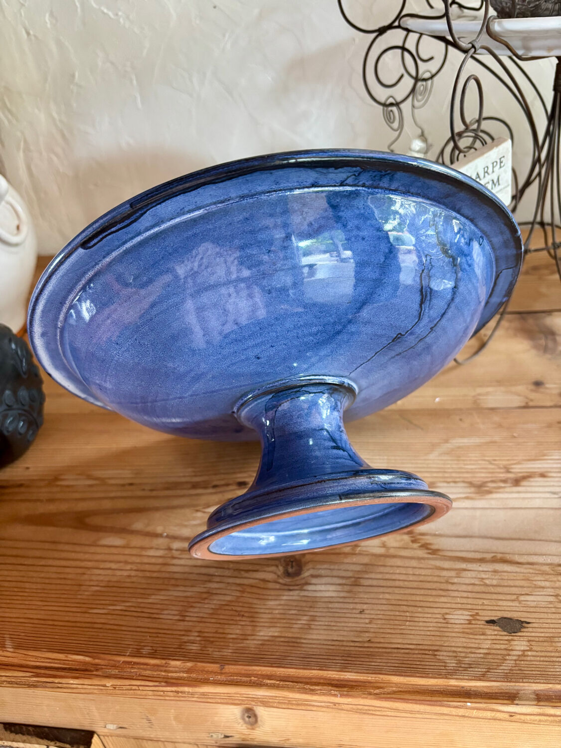 Vintage blue fruit bowl 1980s enamelled stoneware