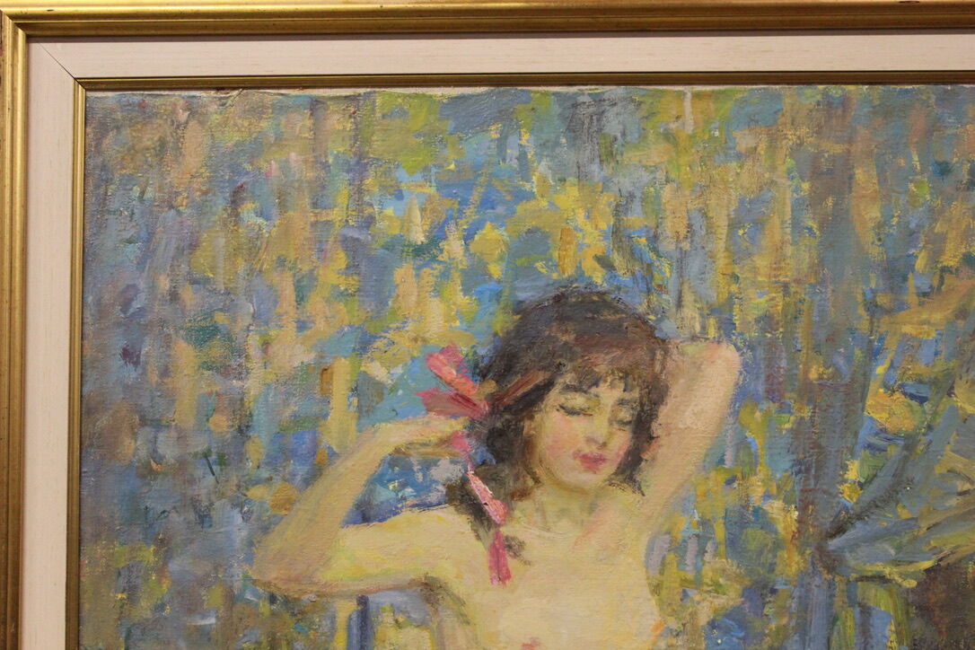 Oil on canvas young woman with a pink knot by riasnianski