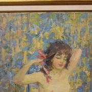 Oil on canvas young woman with a pink knot by riasnianski