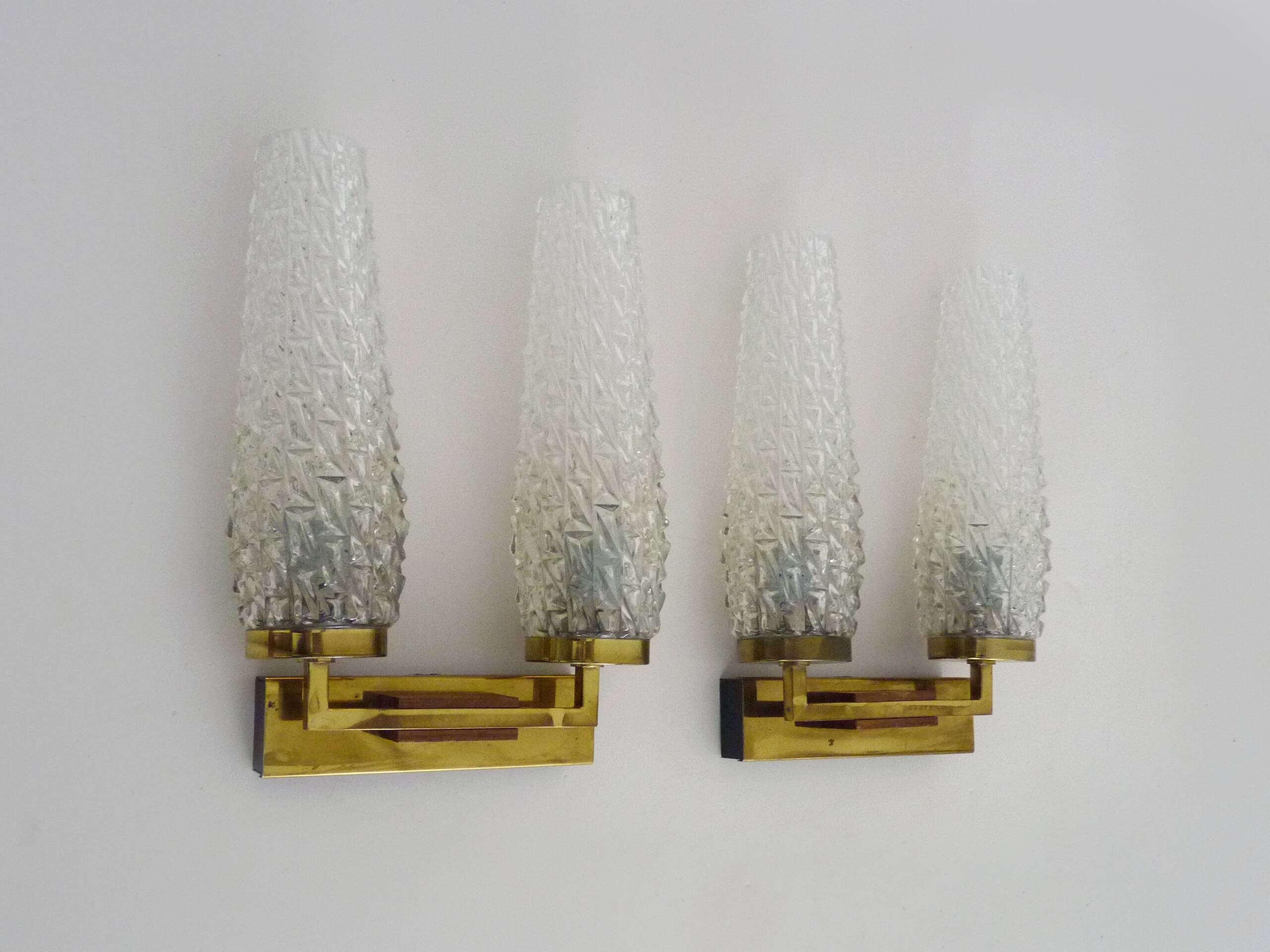 Pair of double-light wall lights, brass, teak globe, glass tubes. 50s-60s