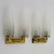 Pair of double-light wall lights, brass, teak globe, glass tubes. 50s-60s