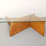 Vintage rectangular coffee table in solid elm and glass from the 80s