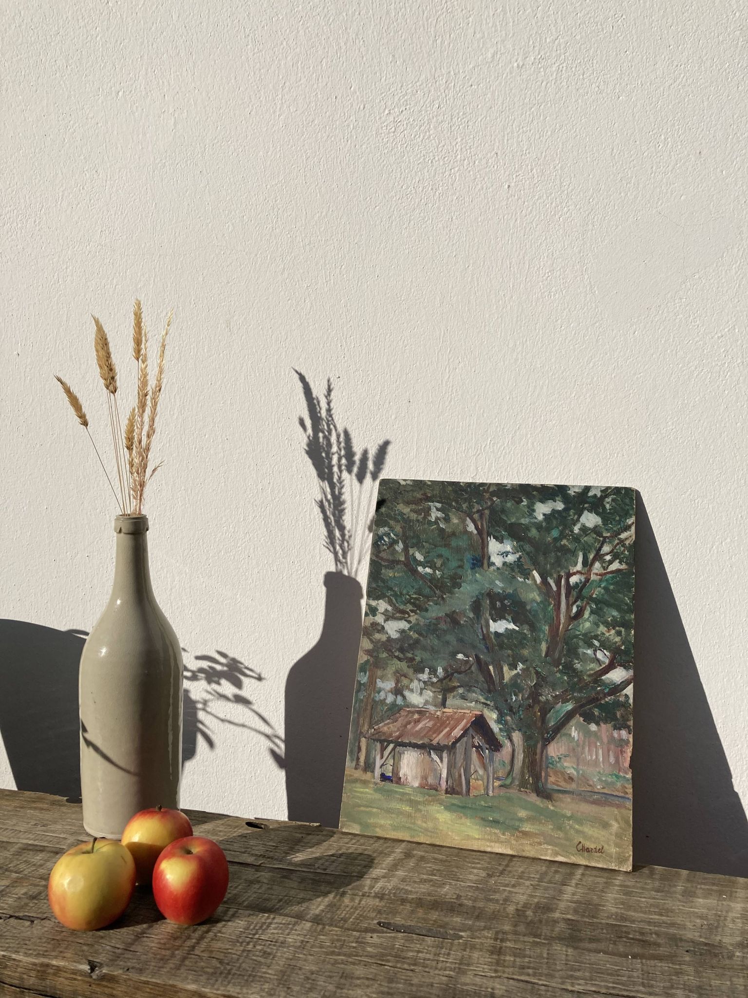 Oil on wood panel, old painting signed representing a tree and a bread oven of the Landes