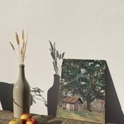 Oil on wood panel, old painting signed representing a tree and a bread oven of the Landes
