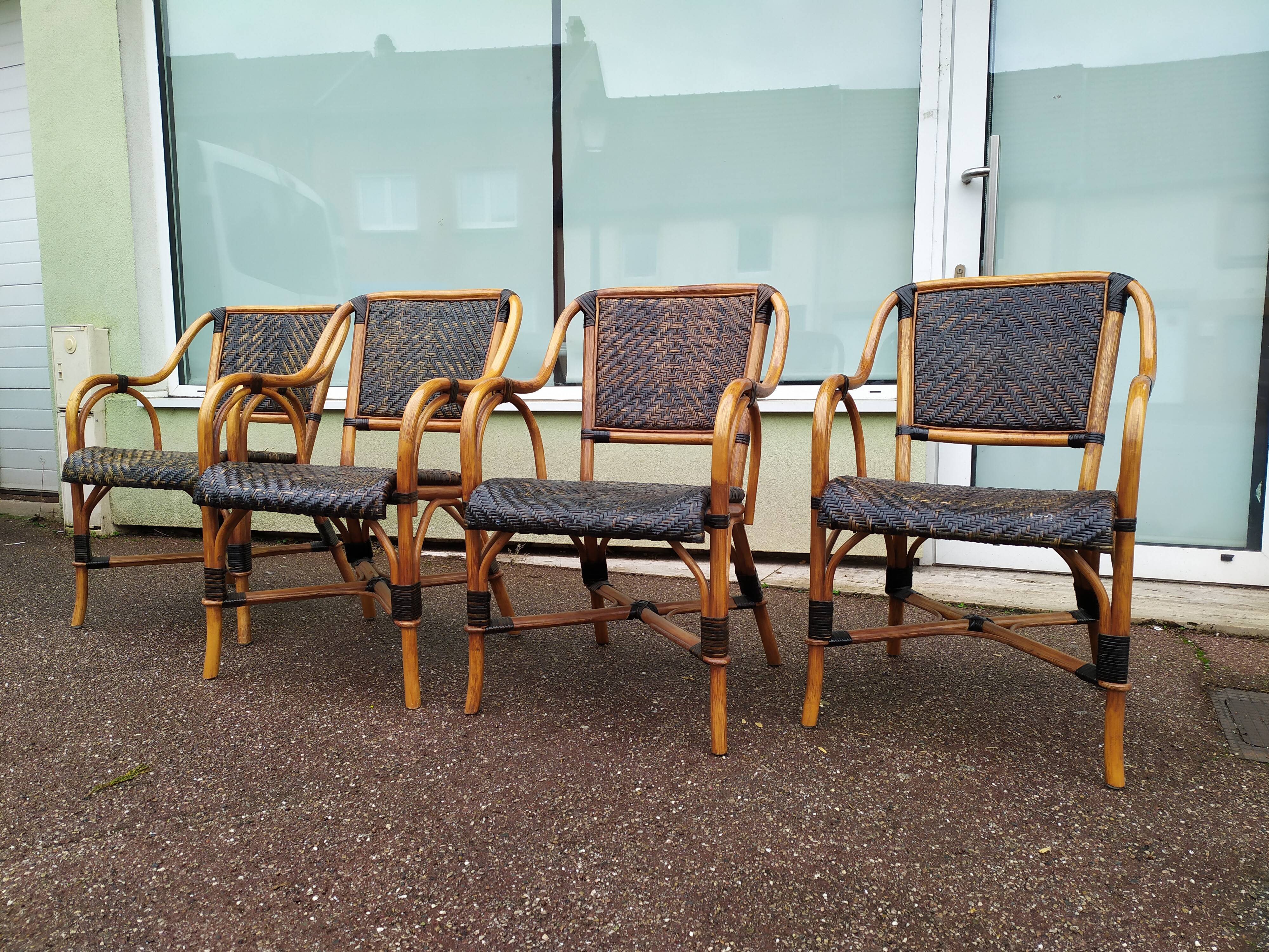 4 Fauteuil Boho chic 2 tons en Rotin, café bistro Vintage