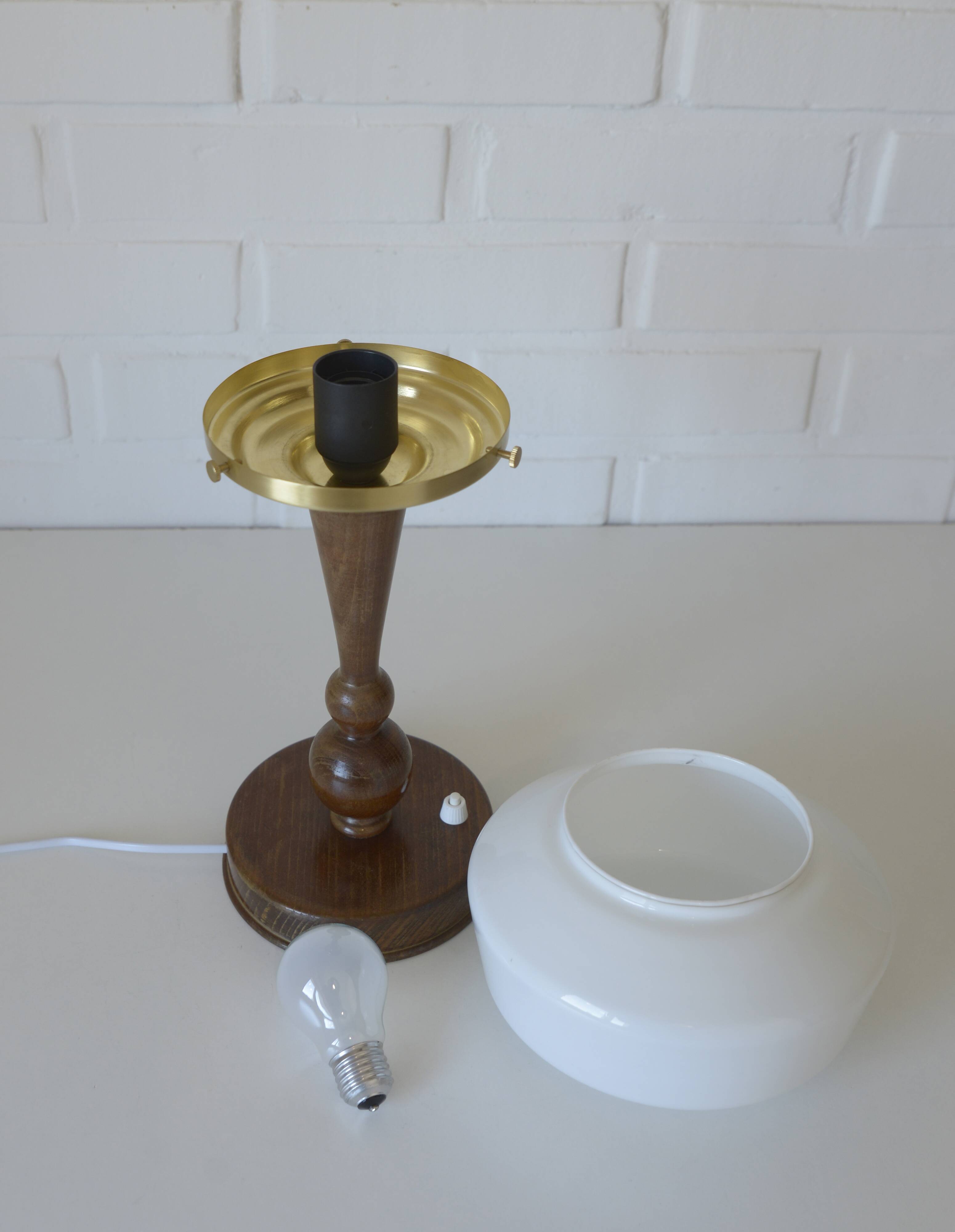 Art Deco Table Lamp | Vintage White Opaline Mushroom Glass | Restored Solid Wood | Fully Rewired | Bauhaus Style