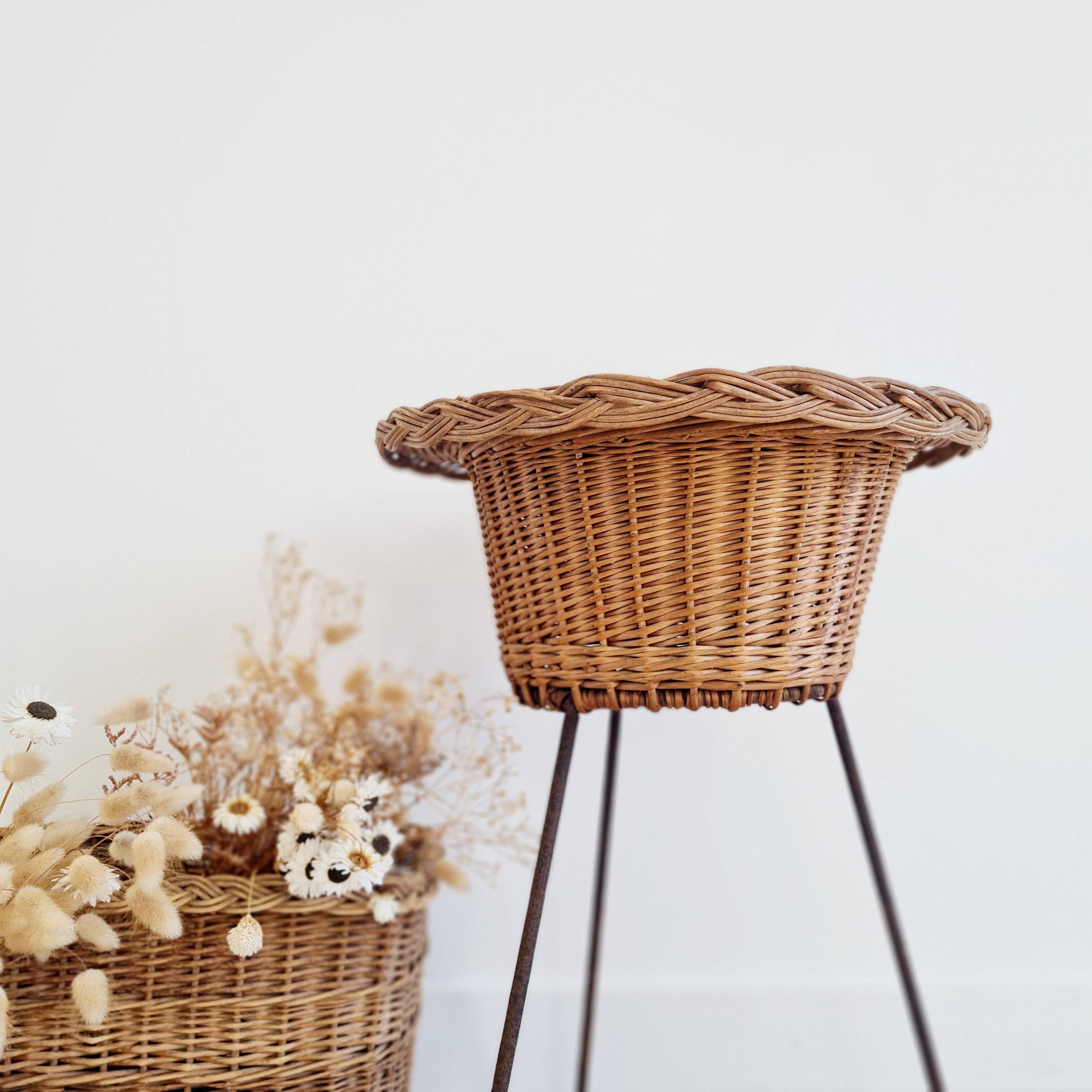 Rattan and metal tripod planter