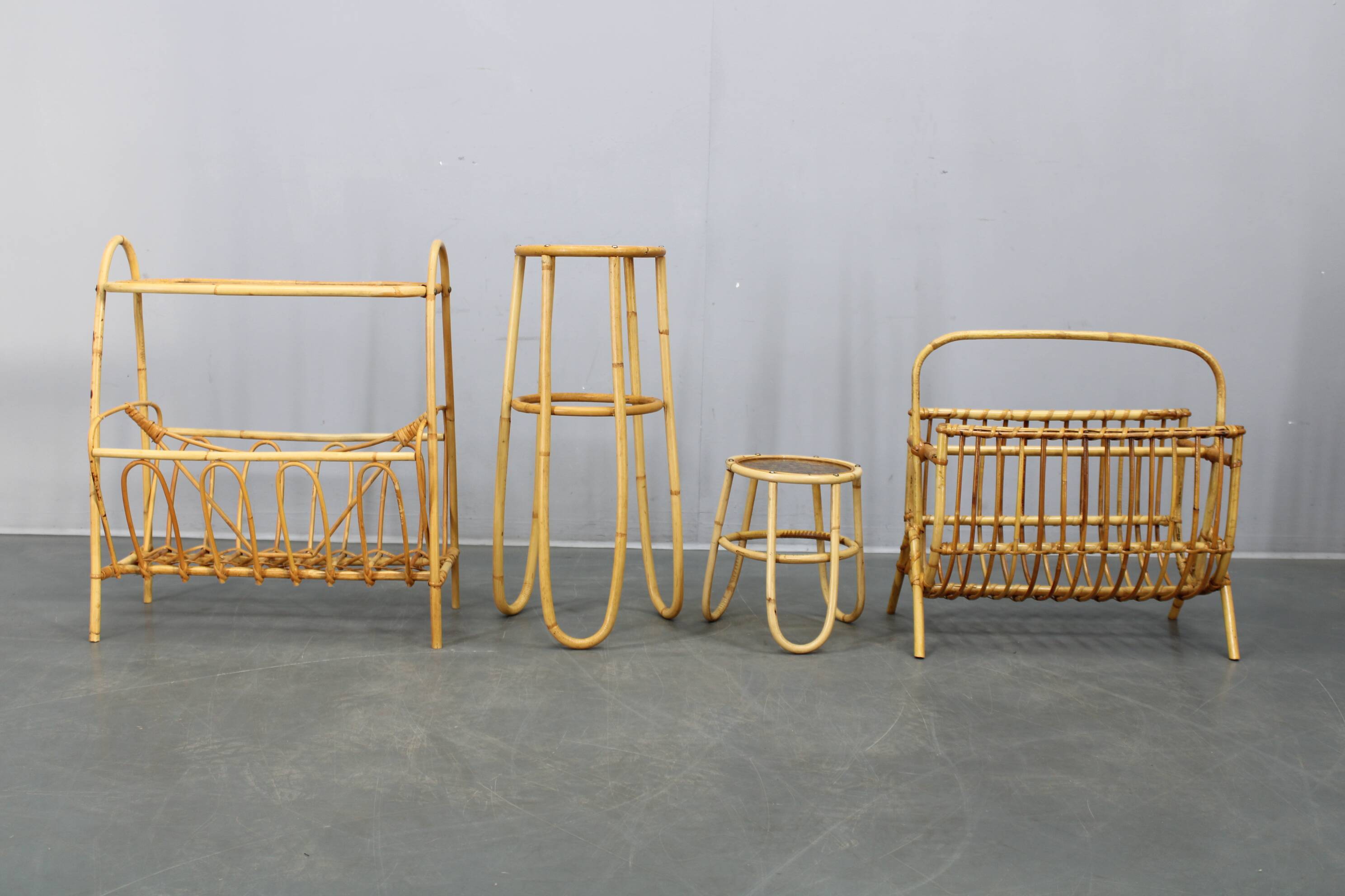 Mid-century European rattan accessories set with tables and magazine racks, 1960s