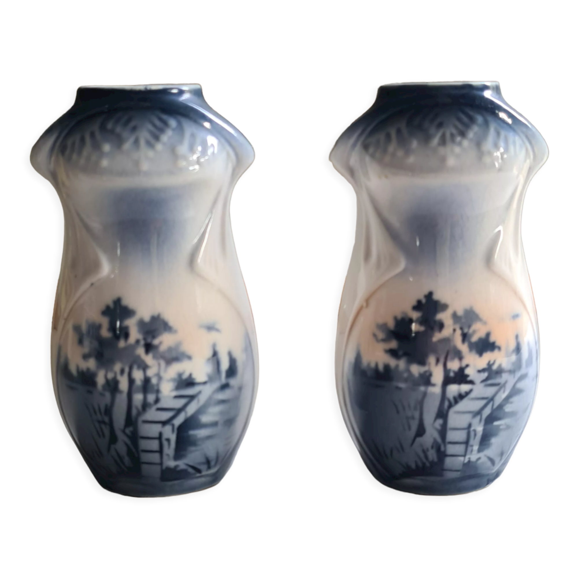 Pair of small Art Nouveau vases from Northern faience with blue decoration