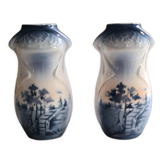 Pair of small Art Nouveau vases faiencerie du Nord blue décor