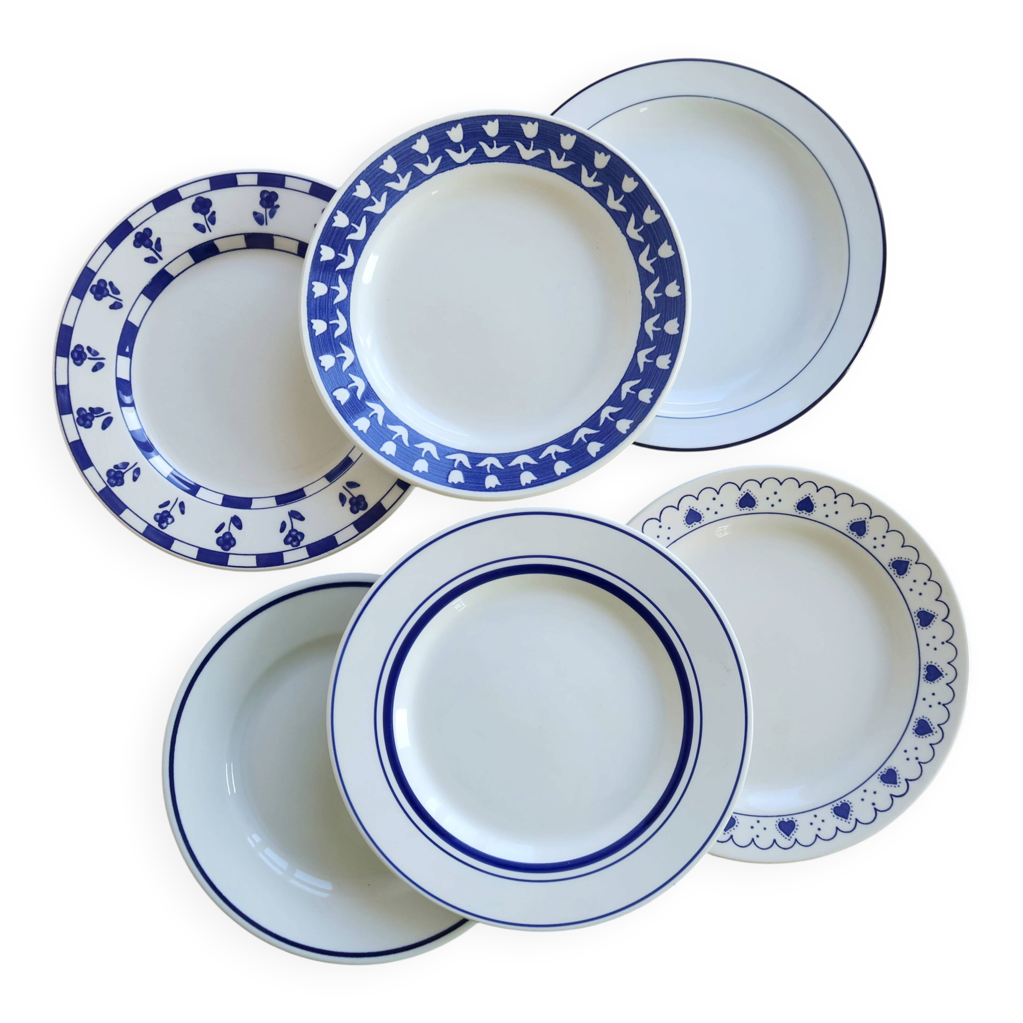 6 vintage mismatched blue and white earthenware dessert plates - Cutie Lot
