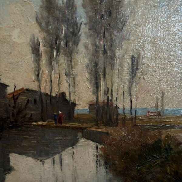 Huile sur carton par Paul Faugier paysage bord de rivière avec peupliers