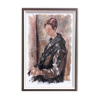 1966 vintage "seated figure" modernist style swedish portrait oil painting, framed