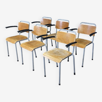 Lot de 6 fauteuils d'école 206 Gispen bois miel acier gris années 60