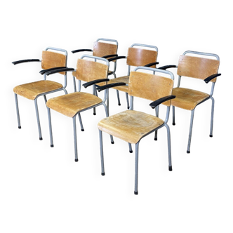 Lot de 6 fauteuils d'école 206 Gispen bois miel acier gris années 60